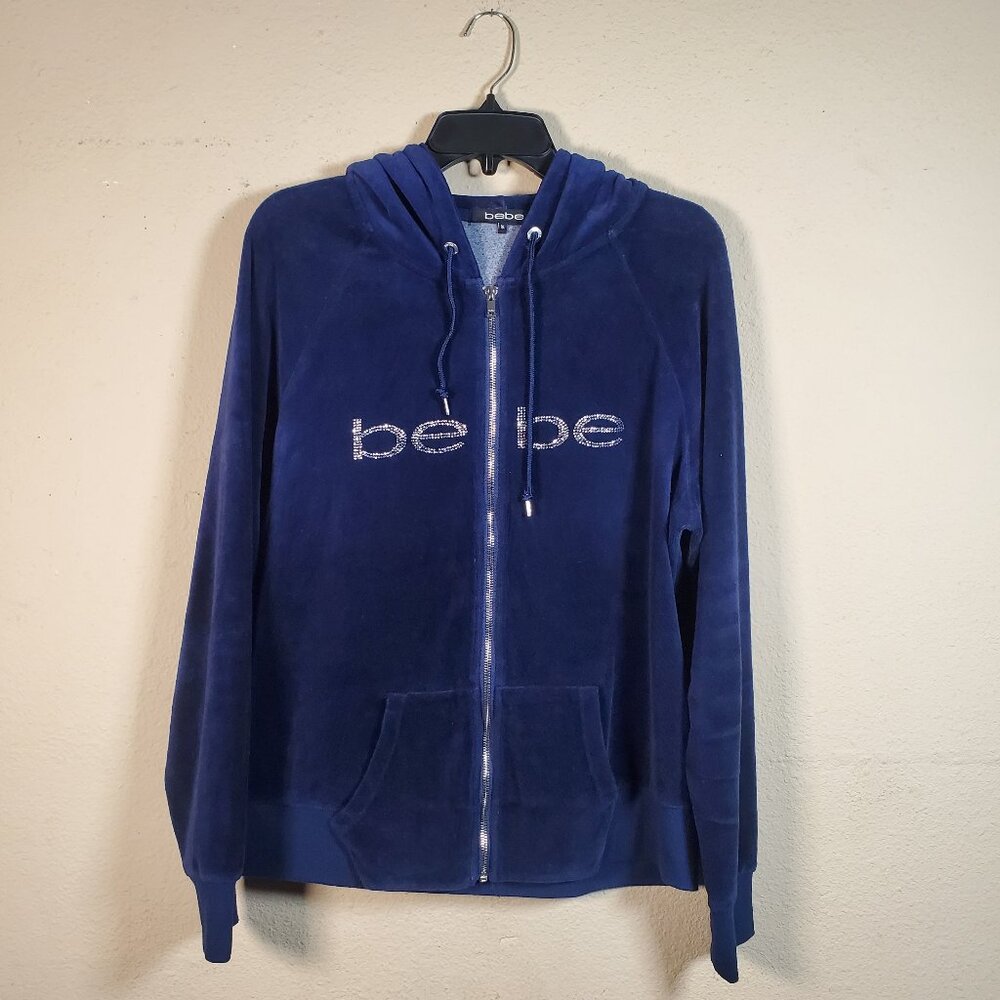 Bebe Zip-Up Hoodie Jacket Women’s Size XL Navy Blue Velour Rhinestone Logo Y2K